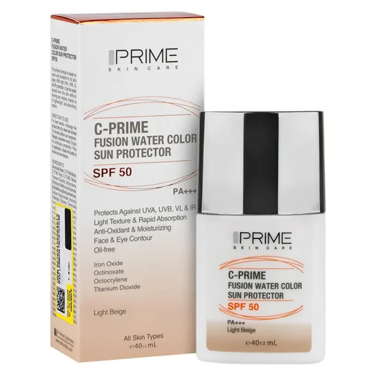 فلوئید ضد آفتاب SPF50 فیوژن واتر پرایم بژ روشن حاوی ویتامین C حجم ۴۰ میلی‌لیتر